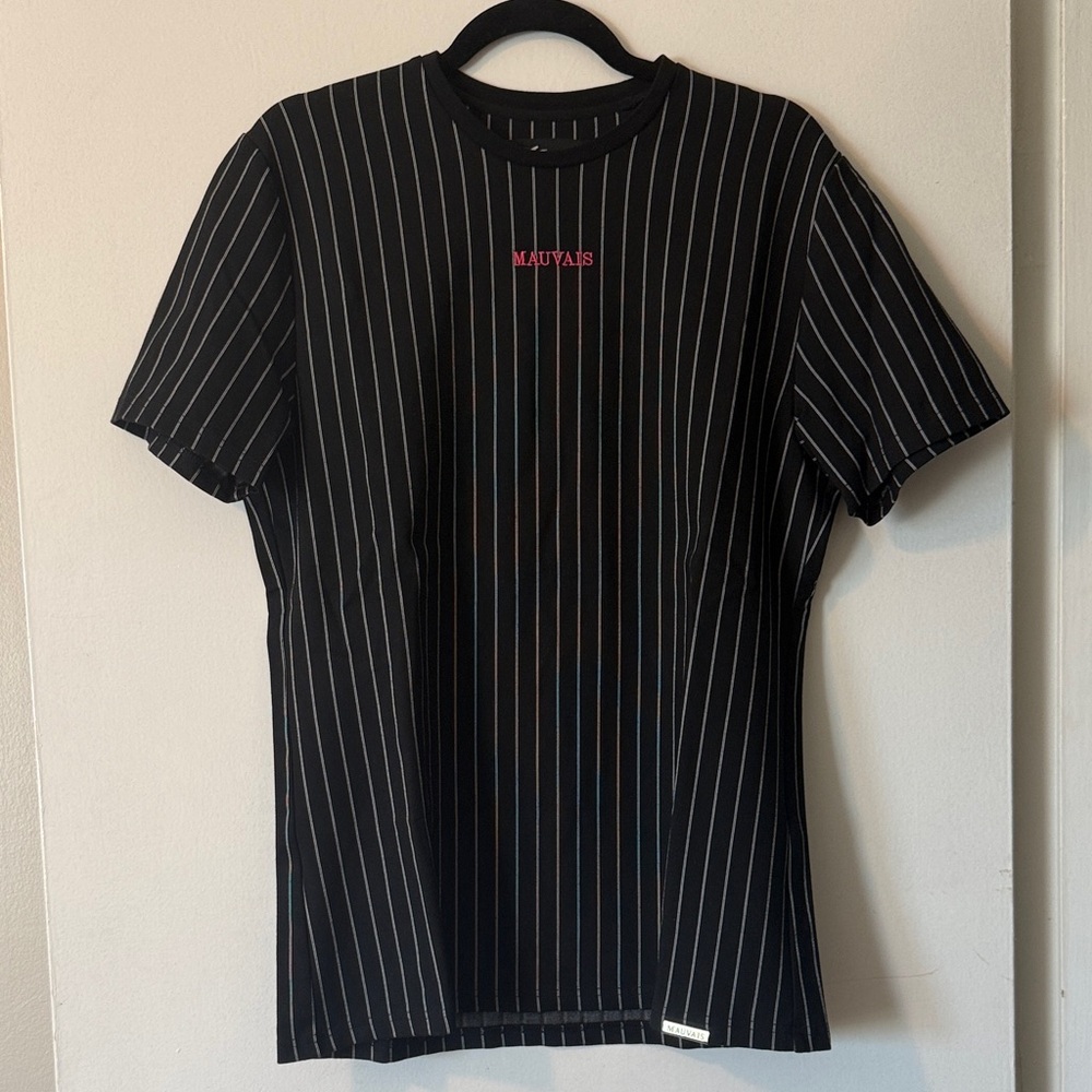 Mauvais black pinstripe tshirt with hot pink stitched logo
